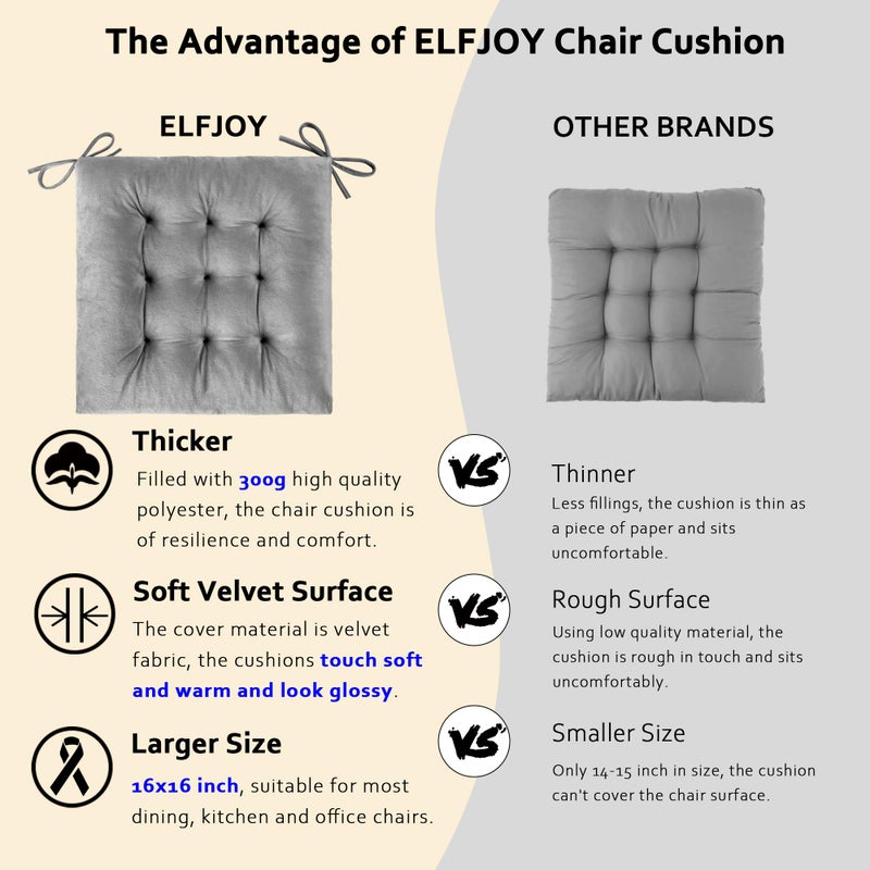 ELFJOY 4 Pack Chair Cushions for Dining Chairs Chair Pads Cushion for Kitchen Office Tufted Square Seat Cushion with Ties (16" Grey Velvet) - Image 2